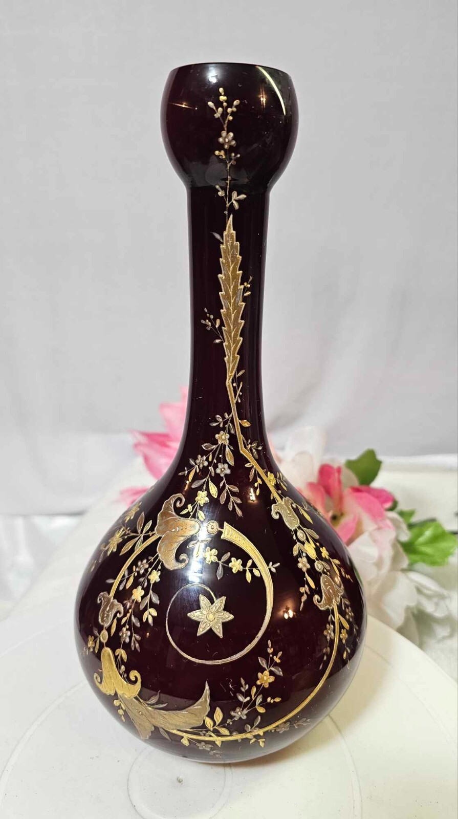Moser? Stunning Moser Style Dark Red Art Glass Raised Gold Vase White case -READ
