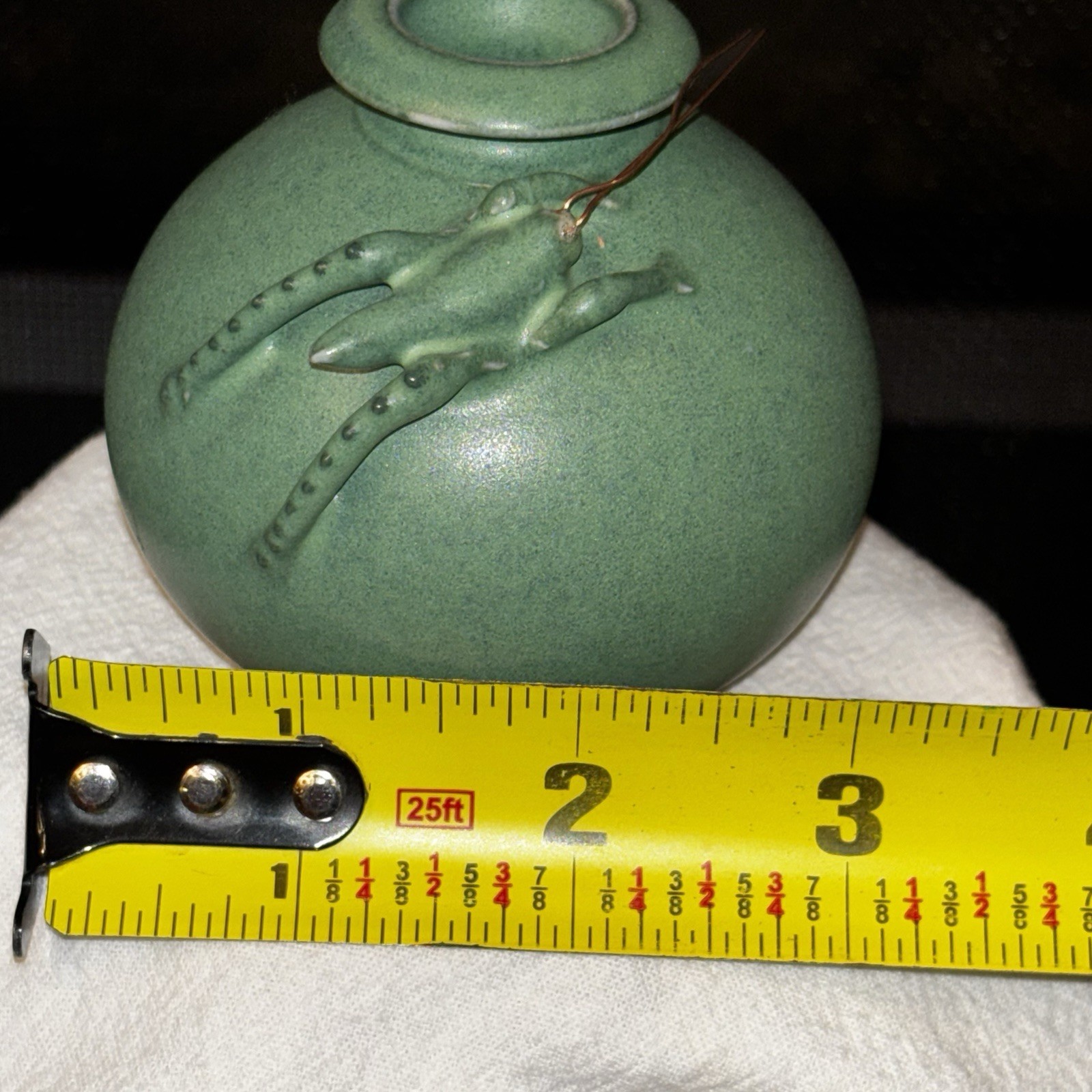 Vtg Unique Rare Pottery Bud Vase Inkwell 3D Cricket Asian Signed Green 3”