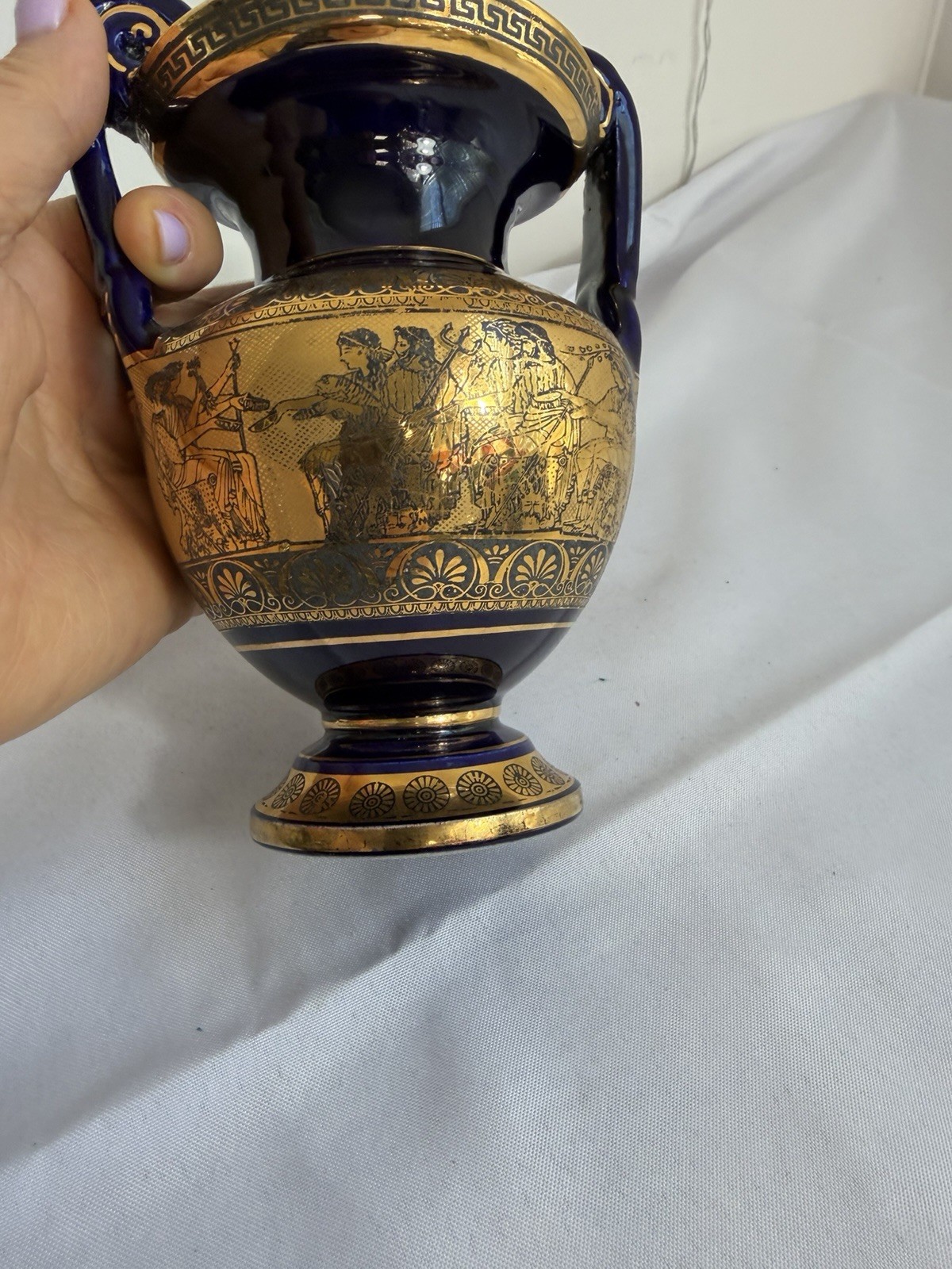Greek Style Amphora Vase Cobalt Blue Gold Urn Classical Warriors 7” Decorative