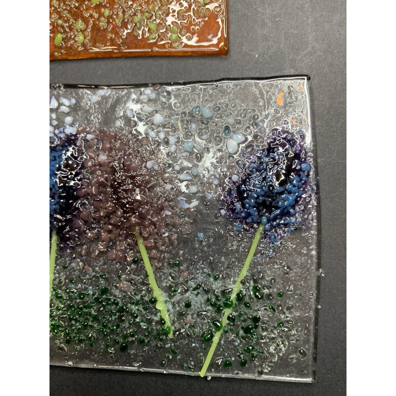 Fused Glass Art Slab Lavender Purple Flowers Picture Handmade Iridescent Mini