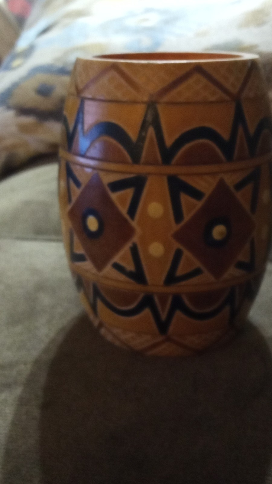 vintage Geometric Pattern Wooden Vase Brown Black Yellow White Decorative