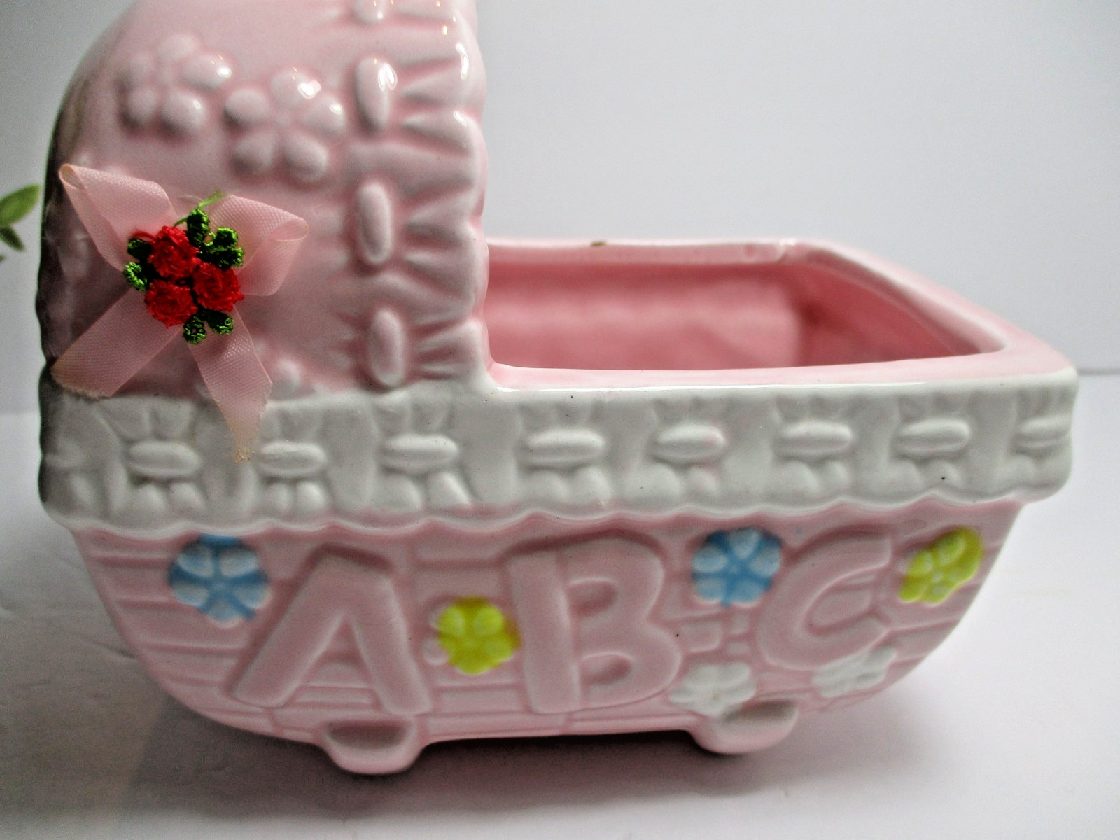 Ceramic Cradle Planter –Pink, ABC Motif ribbon Bow & Roses Vintage