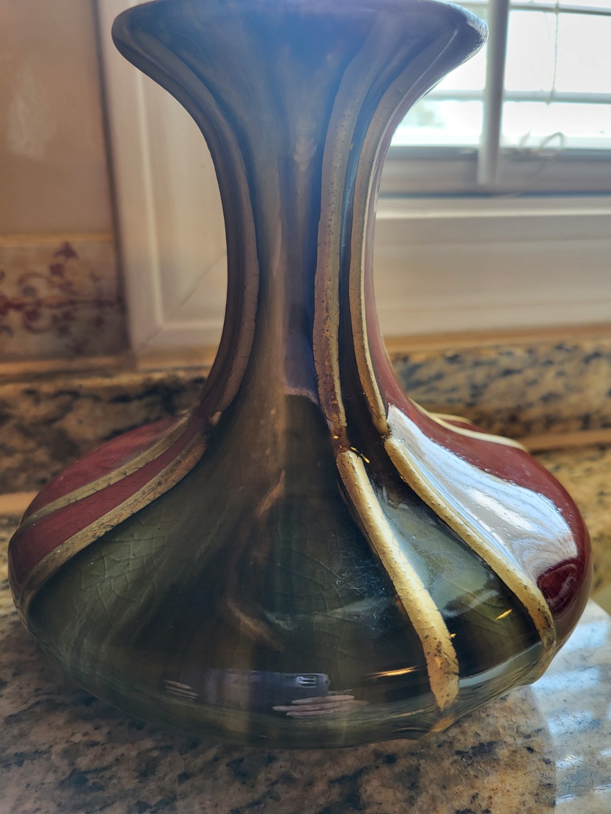 VTG Ceramic Pottery Red Black Green With Gold Stripes 6.25 X 6.25 Vase