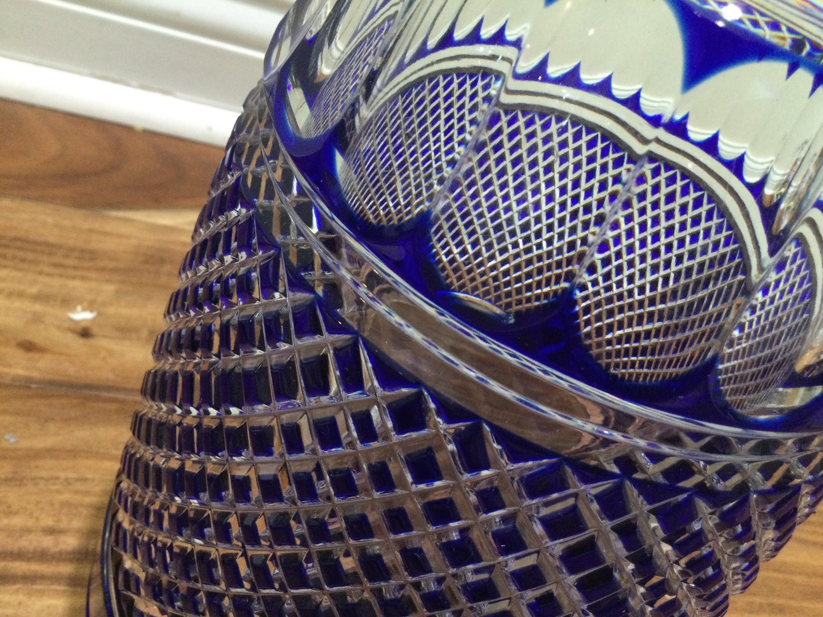 masive Bohemian Cobalt Cut to Clear Glass Vase Scalloped Rim Starburst diamond