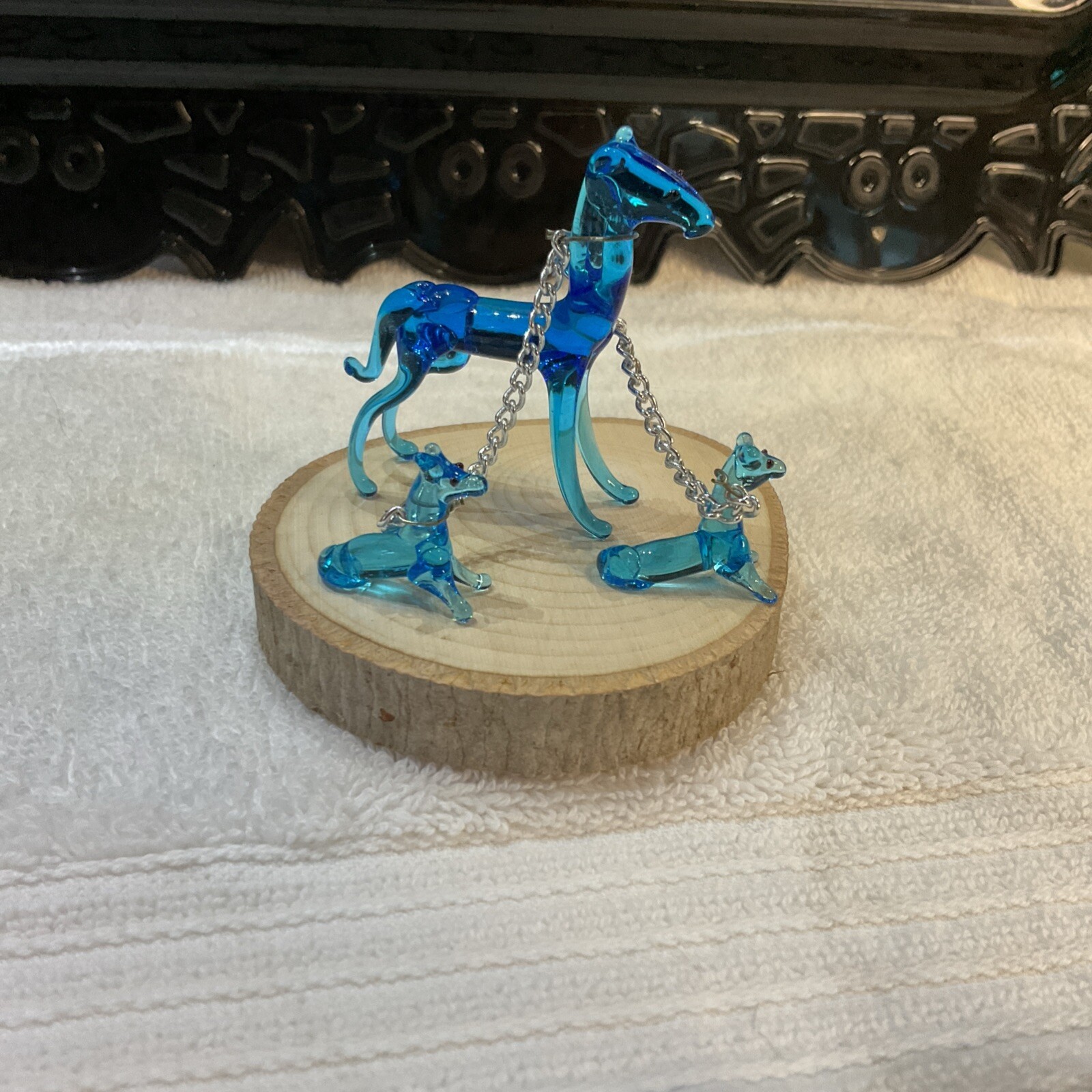 Vintage Blown Glass Blue Dogs With Puppies On Chains