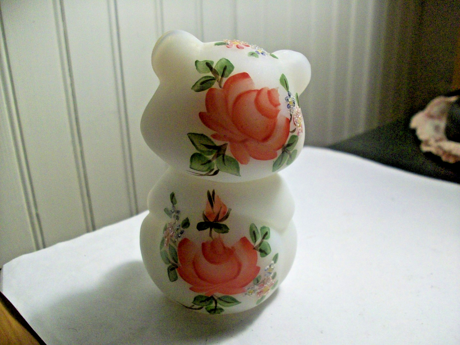 Stunning FENTON art glass white satin bear Hand Pntd flowers Marilyn Wagner OOAK