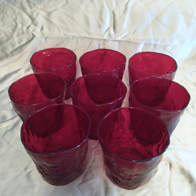 Set of 8 Vintage Ruby Rippled Blown Art Glass 8 oz. Drinking Glasses