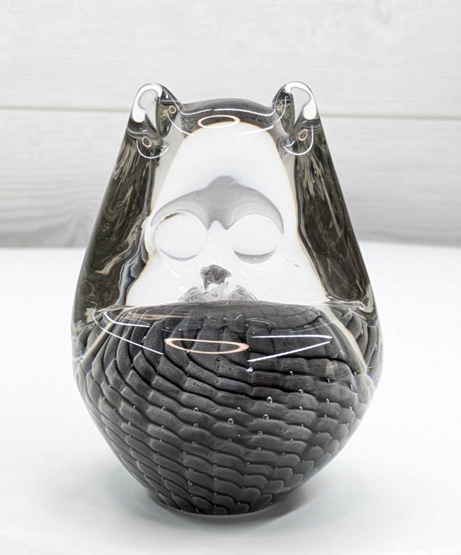 FM Ronneby Clear/Gray Owl Swedish Art Glass Paperweight Figurine 4″ by 3″