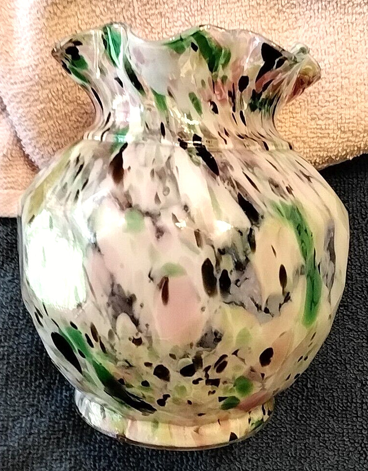 VTG Hand Blown End of Day Vase-Ruffle Edges Multicolored Splatter Art Glass-EUC