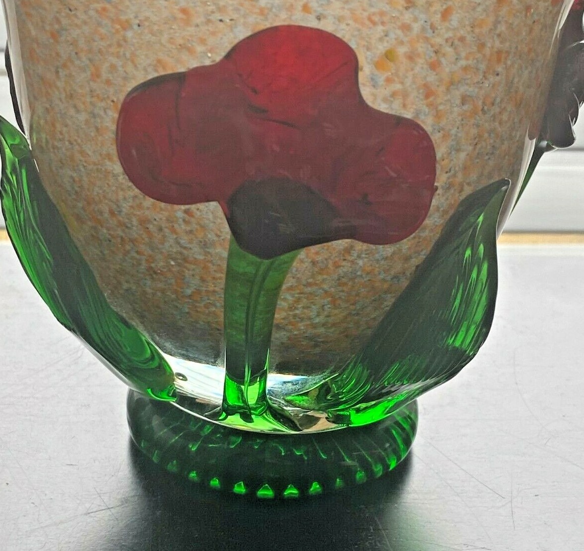 Art Glass Abstract Speckled incased Open Vase Hand Blown with attached Flowers