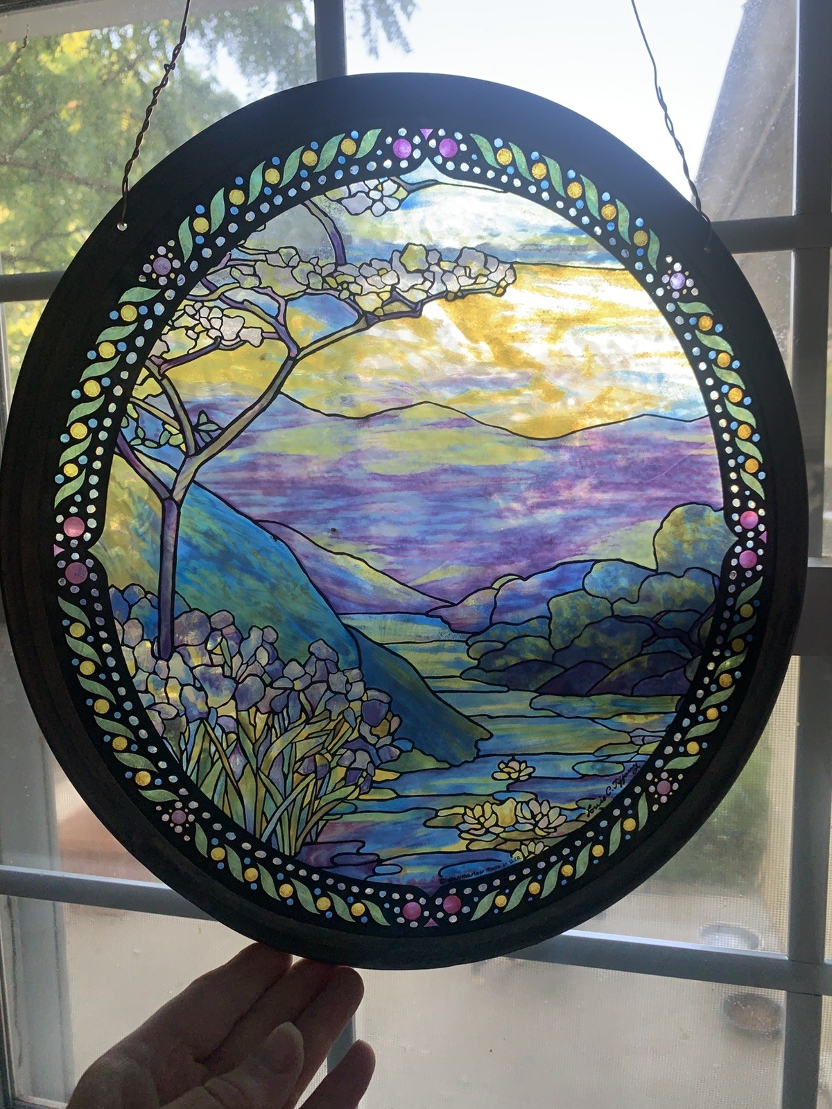 Vintage Stained Glass Landscape Lilies Louis C. Tiffany Oval Shape Glassmasters