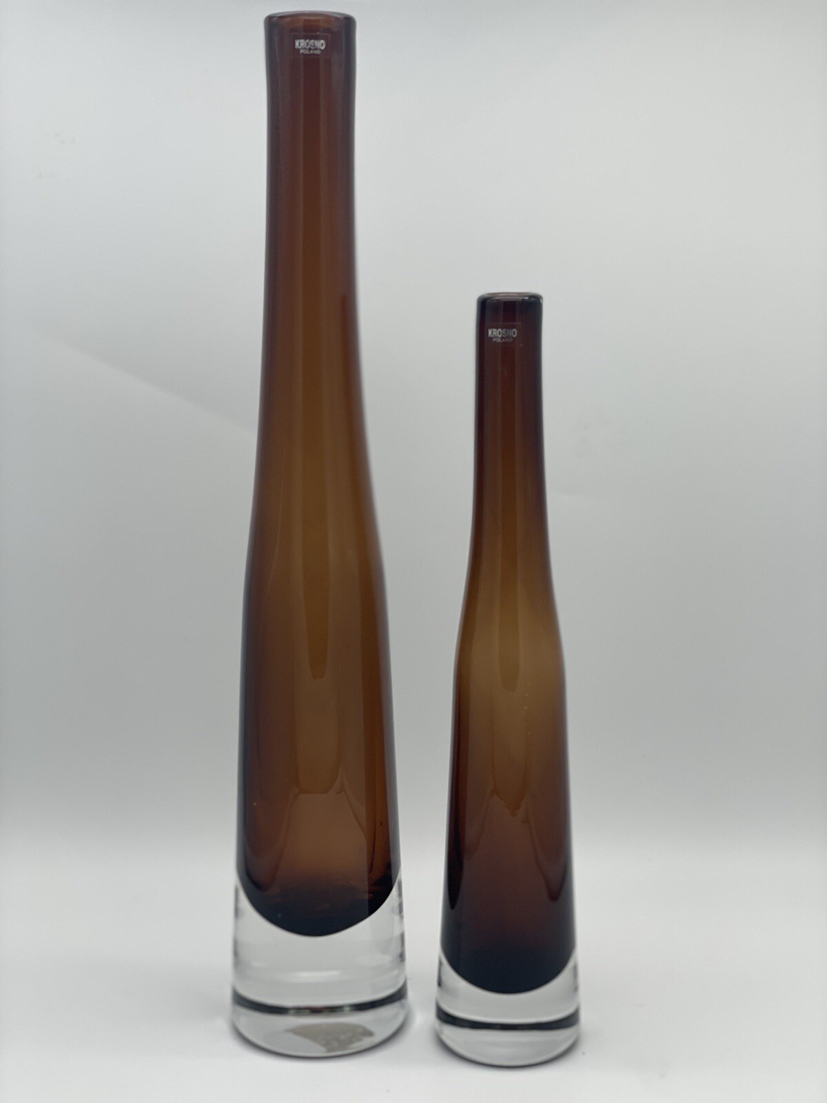 Krosno Poland Art Glass Vases 15.75” & 12” Tall -Amber Brown -Original Sticker