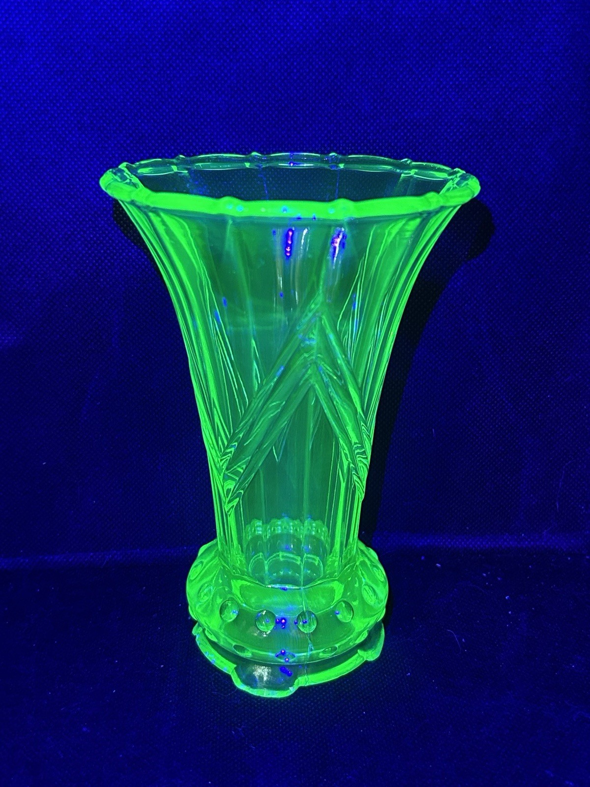 Green Art Deco Uranium Glass Czech Vase Hobnail Chevron Pattern 6 Vintage Decor