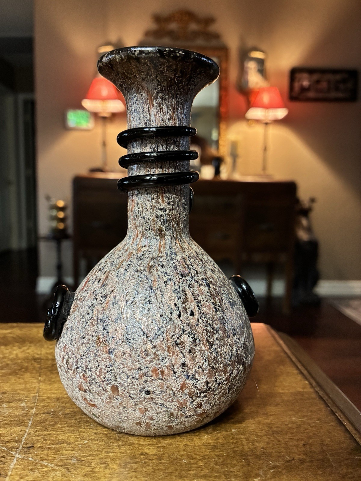 5.25″x3″ Vtg Small Scavo Seguso Murano Glass Vase w/Applied Black Glass