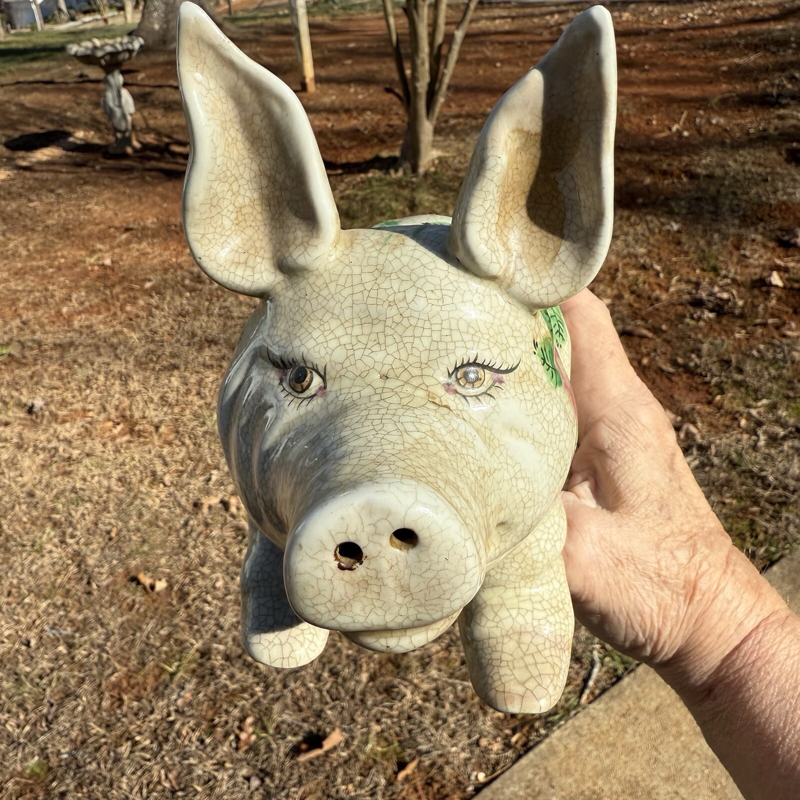 VTG Painted pottery pig statue Crazed Finish 7”X 4.5” X 9”￼