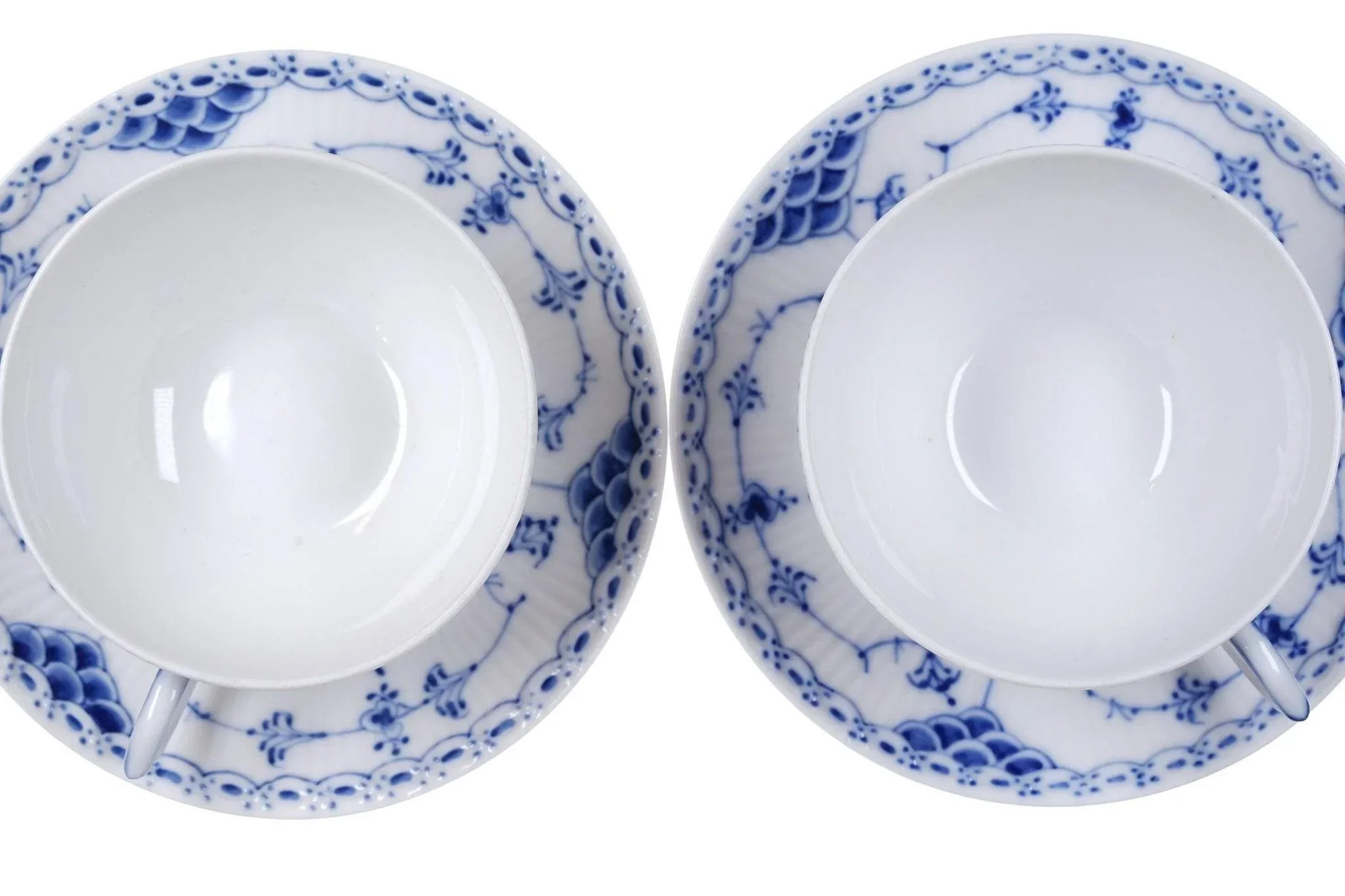2 Royal Copenhagen Blue Fluted Half lace 7oz Teacups and Saucers