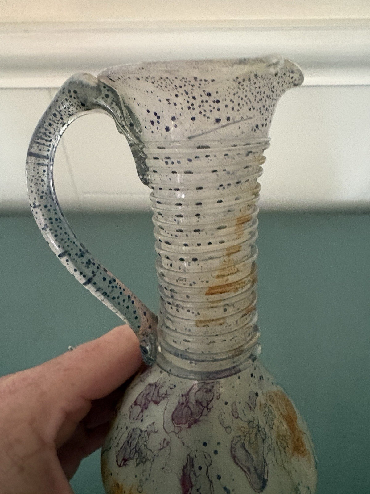 Vintage Israel Reverse Glass Painted Small Vase Putcher 5” By 3” With Handle