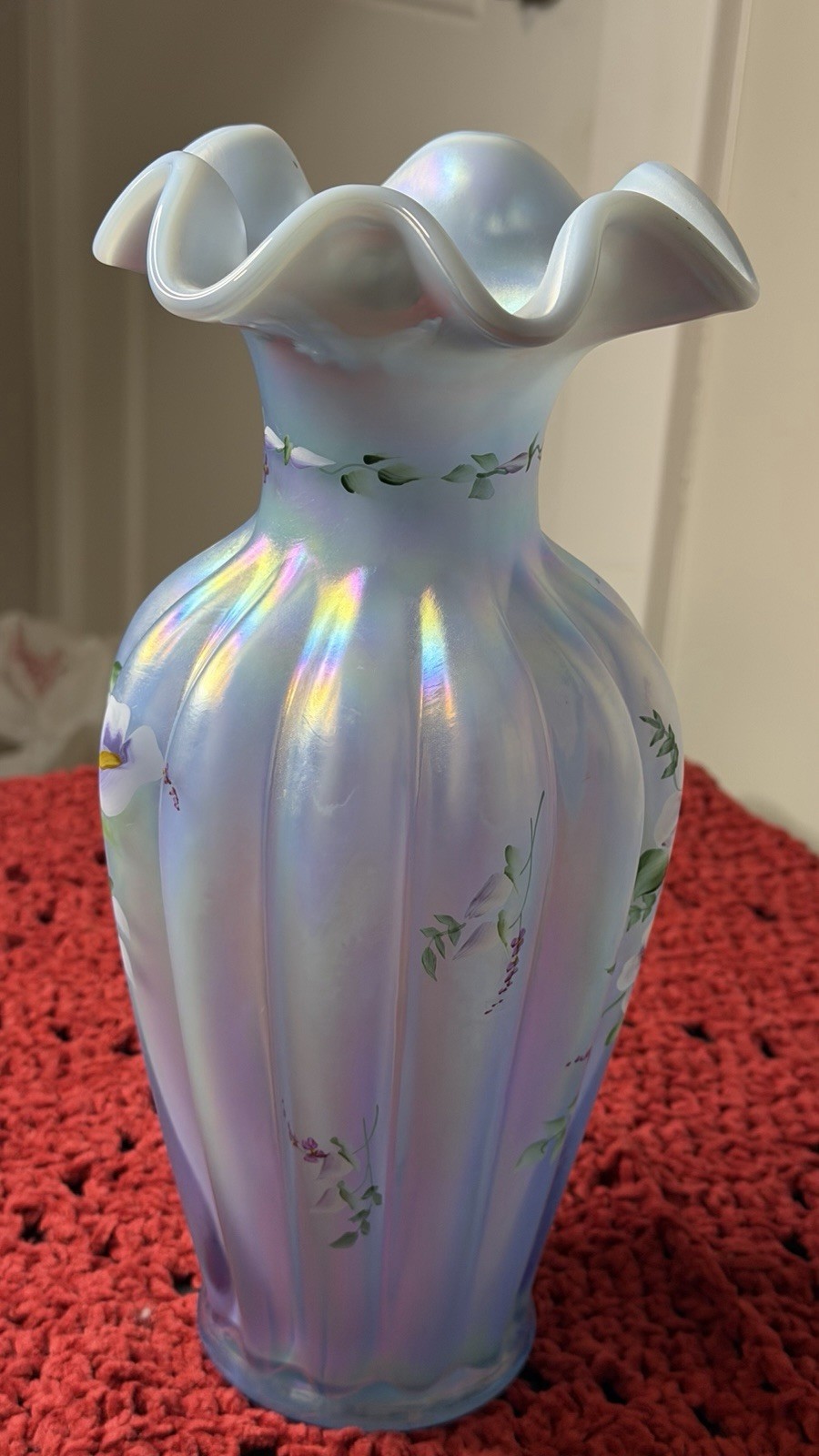 Signed Hand Blown Iridescent Blue Art Glass Vase 10” Ruffled Rim Floral 1997