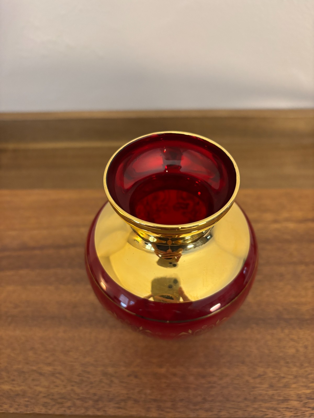 Empoli Glass Amber Ruby Red Gold Accent Decorated in Murano Small Vases Set of 2