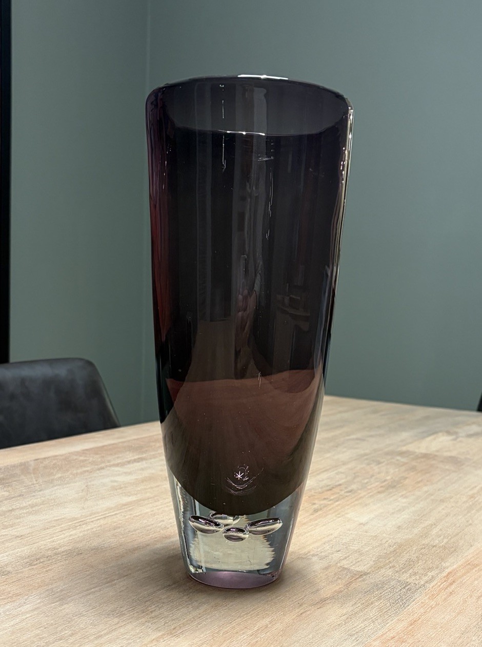 Vintage Amethyst Art Glass Vase Controlled Bubble Heavy Scandinavian 12 1/2“