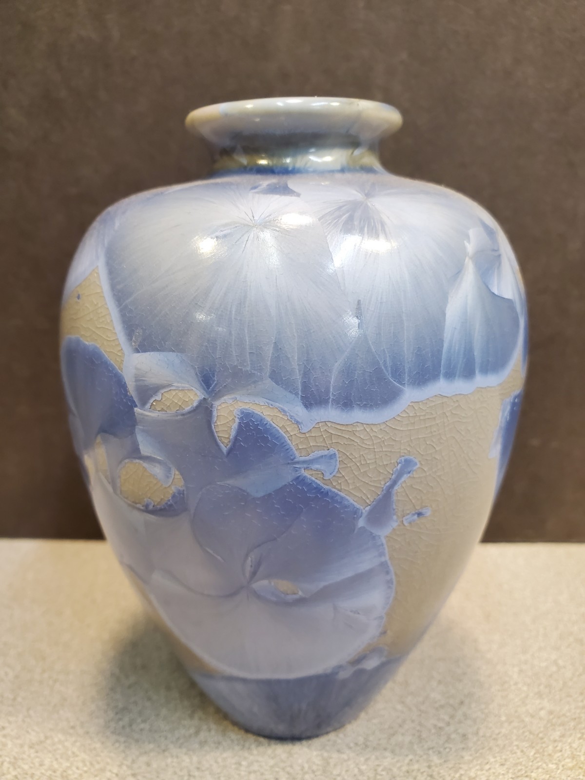 Louise Reding Crystalline Art Pottery Vase, 5-1/2 inch, Blue on Gray, Signed