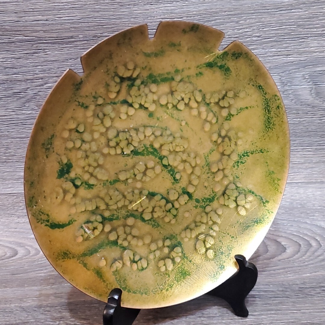MCM Tabletop Ashtray / Trinket Dish – Gold Green Enamel Flat Metal Round 8″