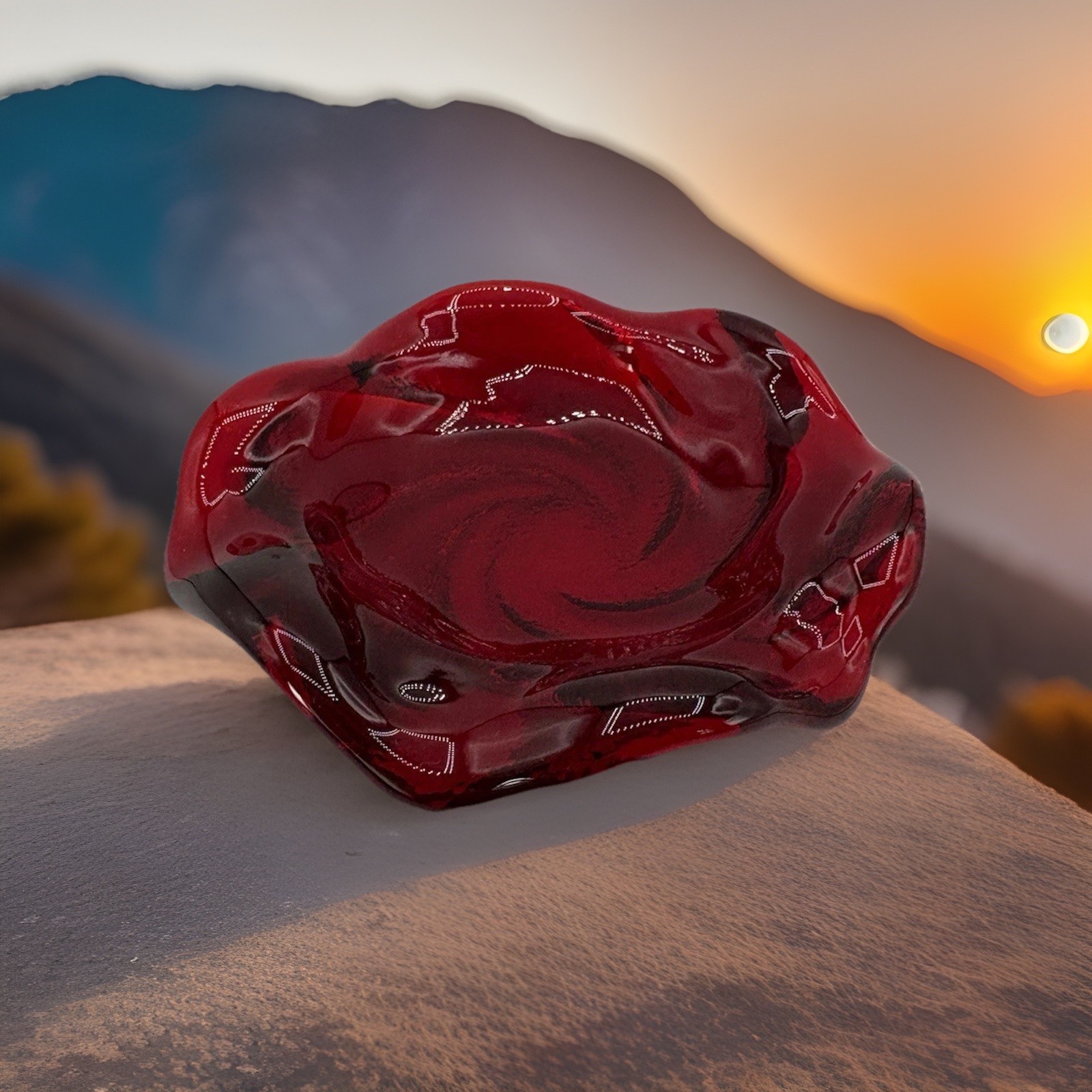 Vintage Fenton Ruby Red Swirl Dish GLOWS Trinket Ashtray Art Glass Textured 5”