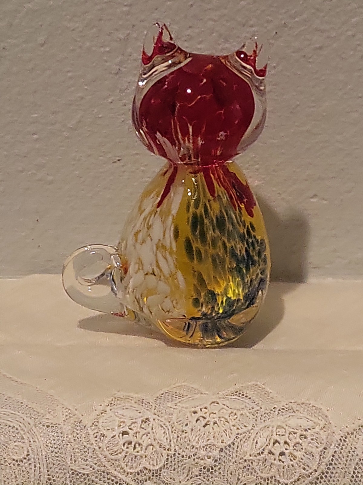 Vtg Art Glass Cat Figurine Blue Red Clear Spatter Paperweight Hand Blown 4”H +-