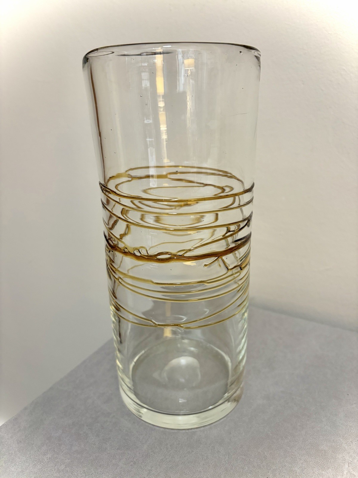 Art Glass Clear Vase With Golden Amber Threads Hand Blown 9.5 Inches Tall MCM