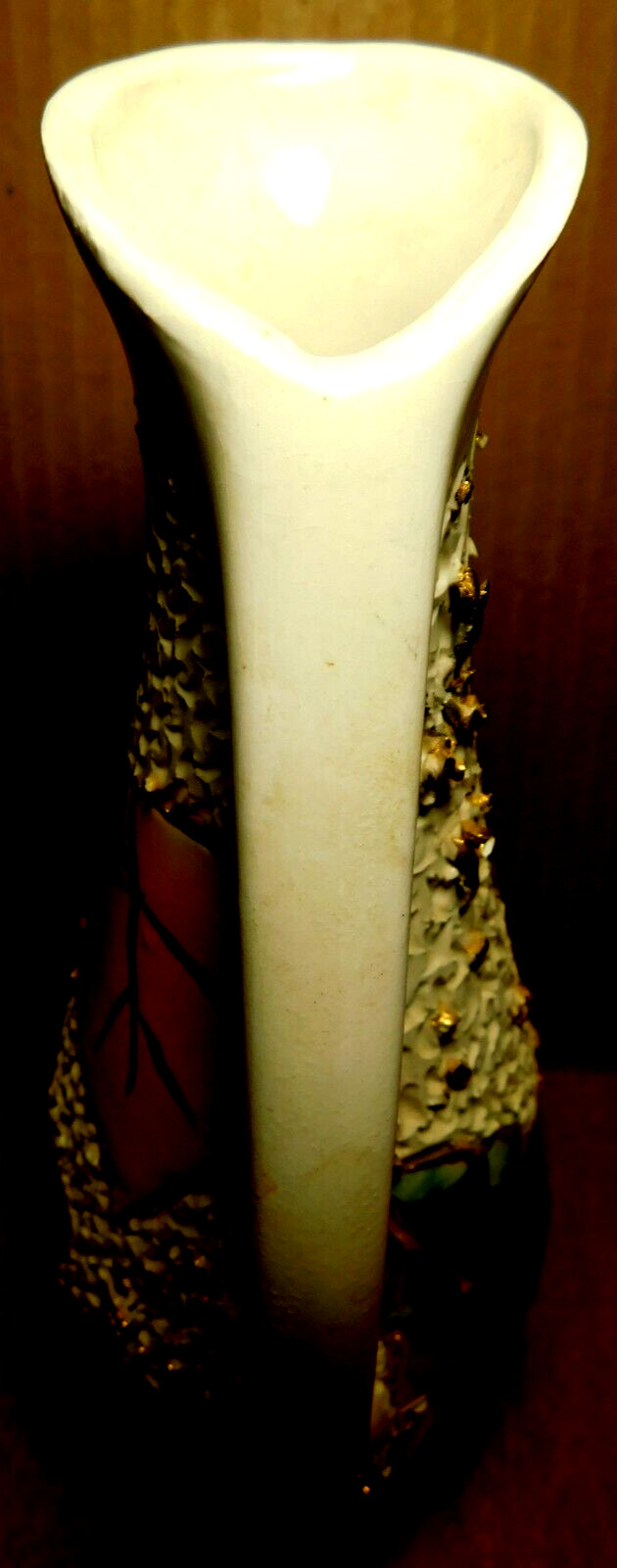 USA Ceramic~Leafy Art Pottery Pitcher Vase With Gold Outlines Vintage