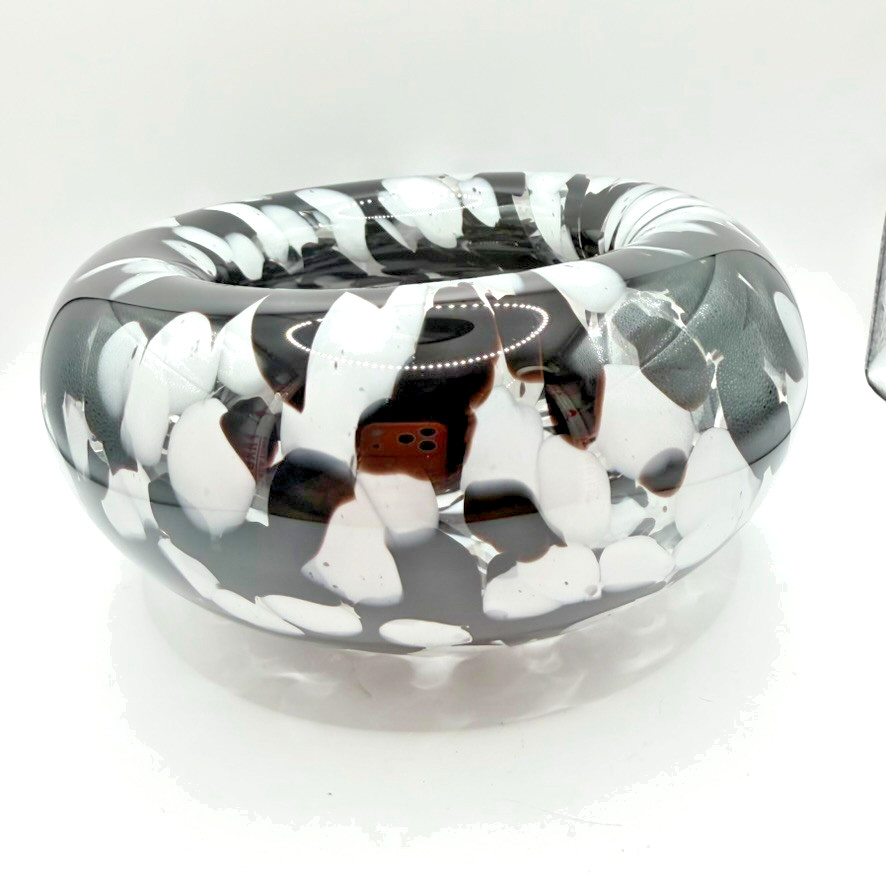 Hand Blown Glass Black & White Cased Bowl Vase