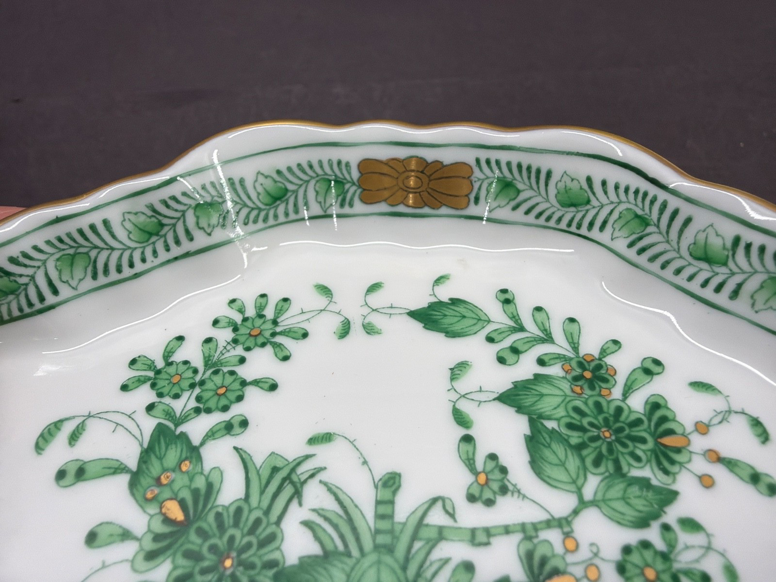 Vintage Herend Indian Basket Bouquet Green Porcelain Diamond Shaped Dish 7737 AV