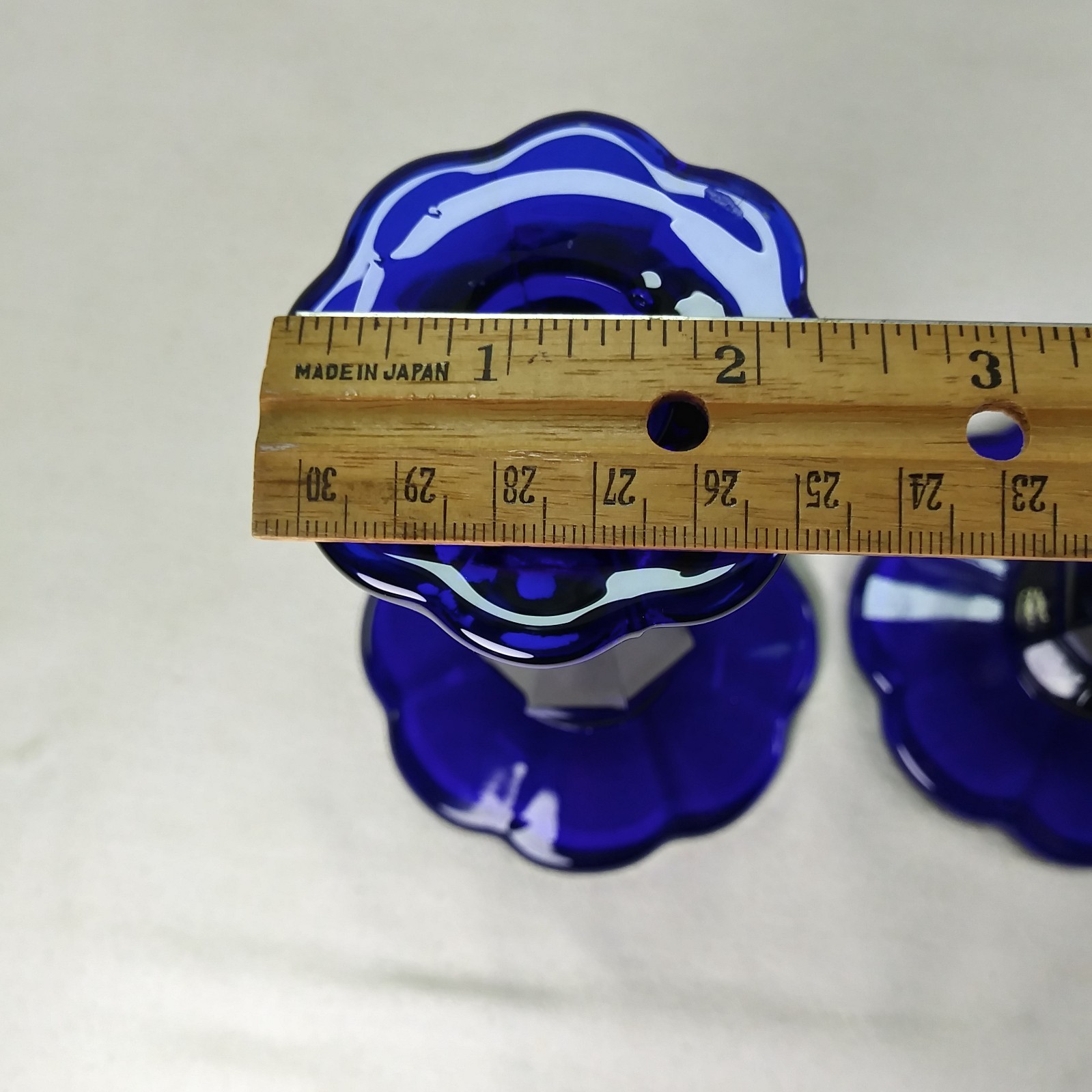 Pair Vintage Fenton Dark Cobalt Blue Glass Candlesticks 8″ Fluted Scalloped Base