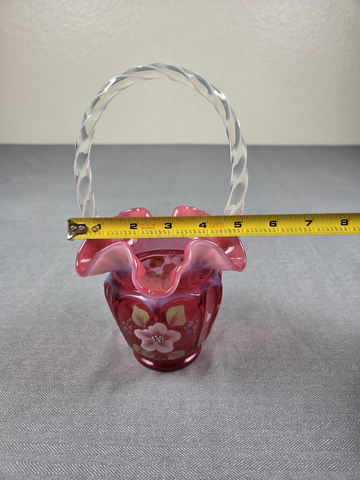 1994 Fenton Cranberry Opalescent Open Heart Arches Basket Hand Painted Floral