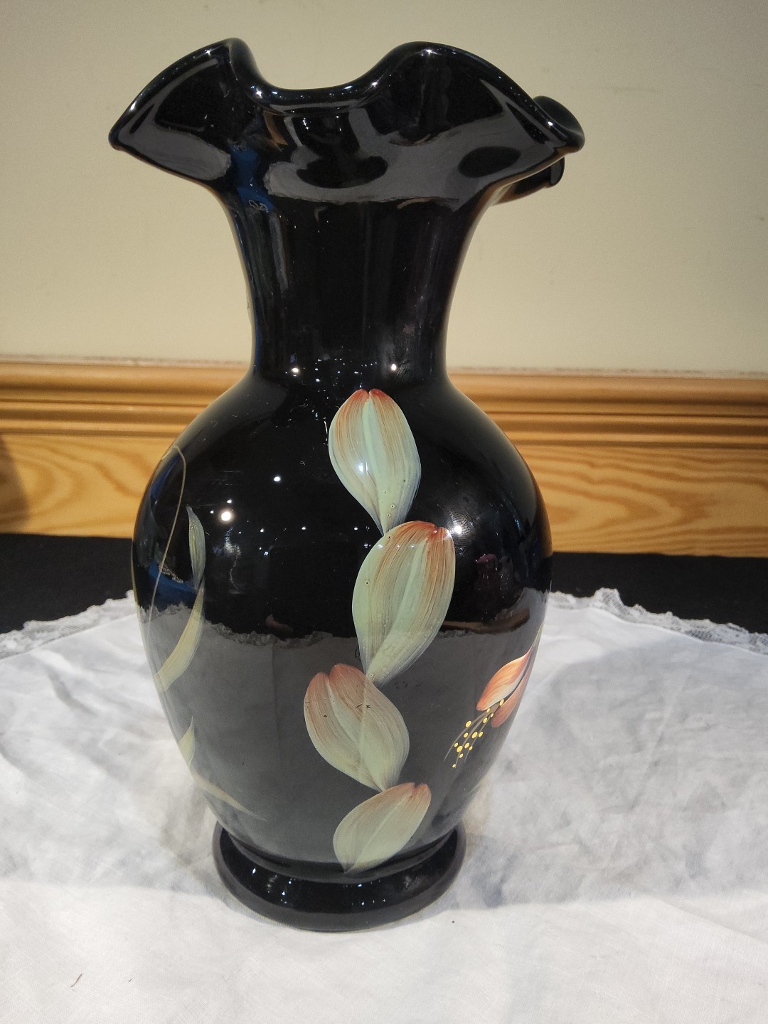 Fenton 100th Anniversary Vase Black Ebony HP Pink Coral Floral Gold Leaf Ruffle
