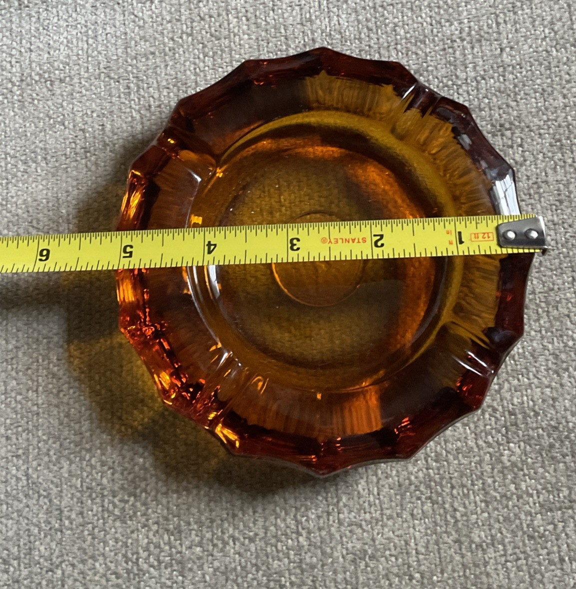 Fostoria Amber Ashtray Eagle Coin 1887 Vtg Heavy Art Glass 5” MCM