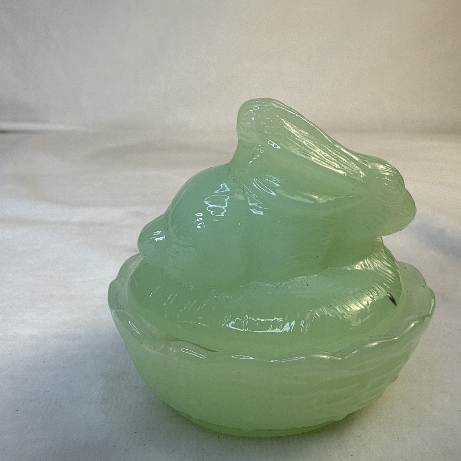 Vintage Green Jadeite Jade Glass Bunny Rabbit on Nest 2 piece Miniature 2”