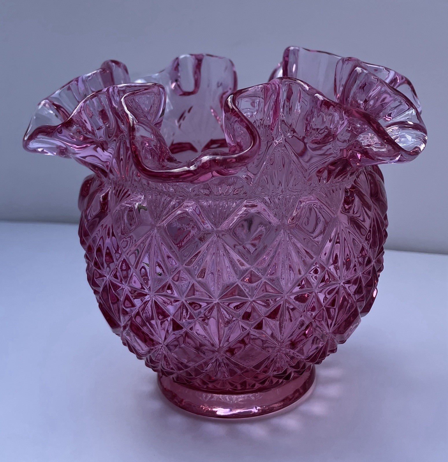 Fenton Glass Vase Vintage 1980’s Cranberry Ruffled Rim Diamond Star Pattern