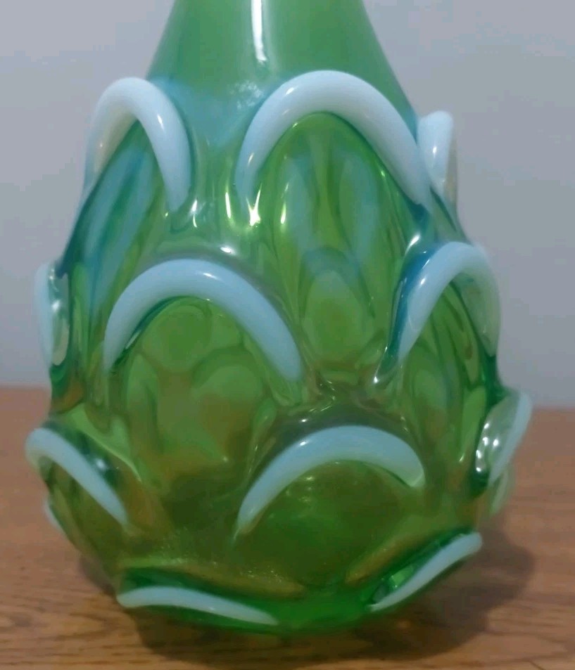 Fenton International Optics Green Opalescent Bottle, 12 1/2” MINT