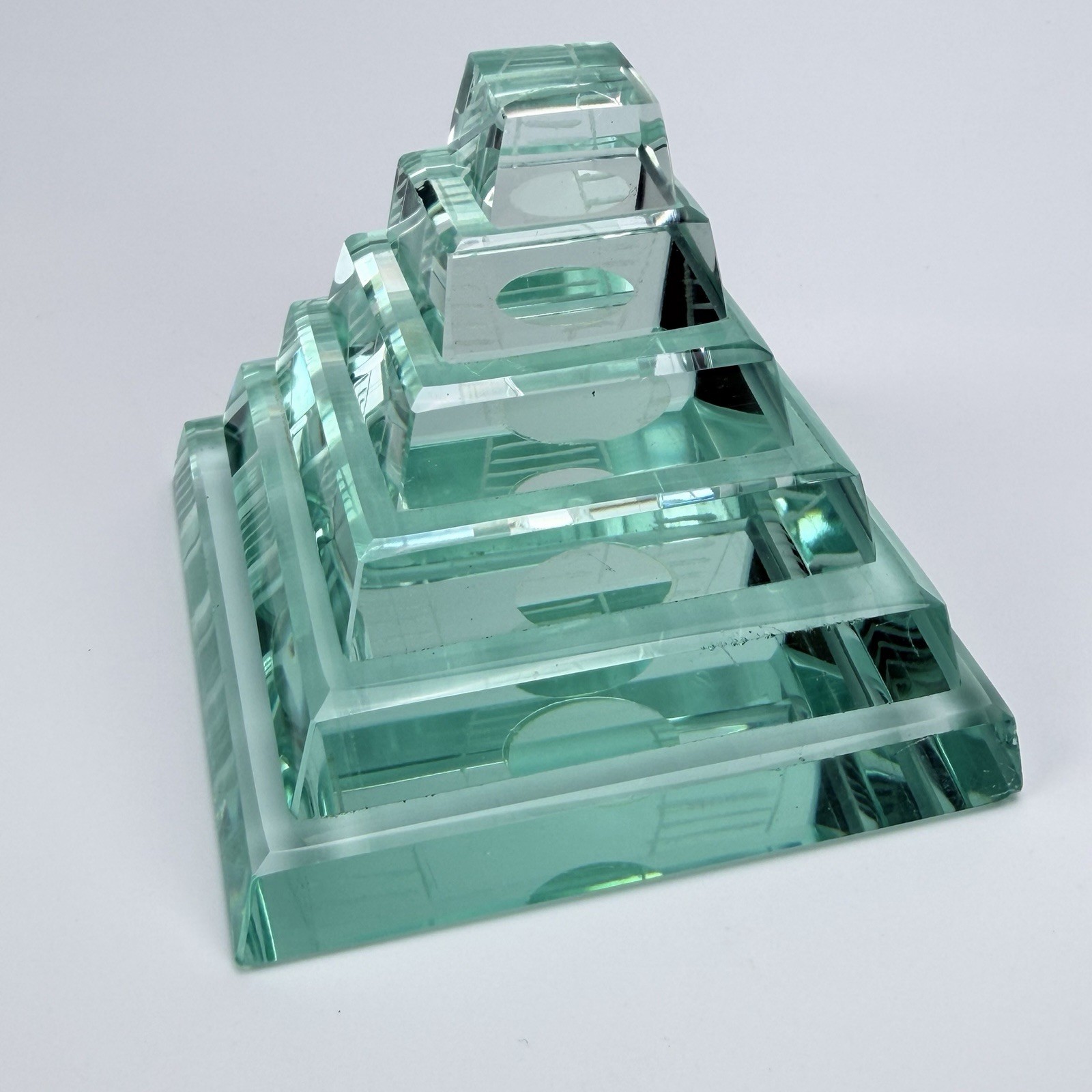 Aztec Mayan Glass Paper Weight 3 1/2” X 3” 20oz Pyramid Clear Green Glass
