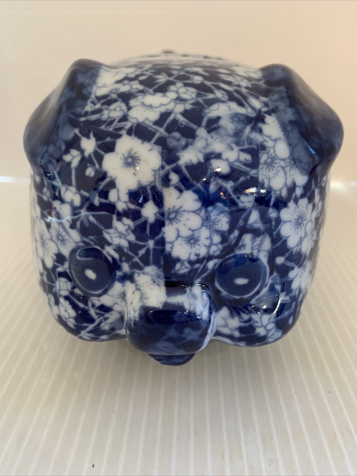 Vintage VICTORIA WARE IRONSTONE Blue White Floral Calico Pattern Piggy Bank EUC
