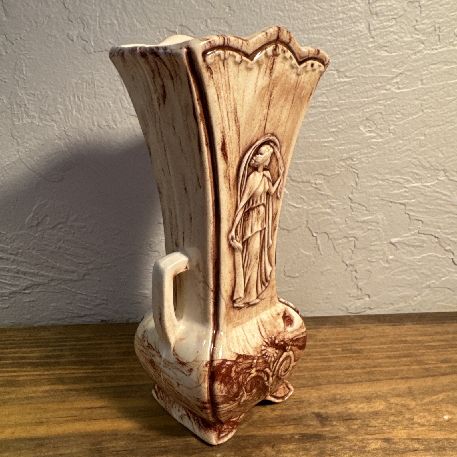 Vintage Art Deco MCM Urn Style Double Handle Vase Embossed Woman Design White 6″
