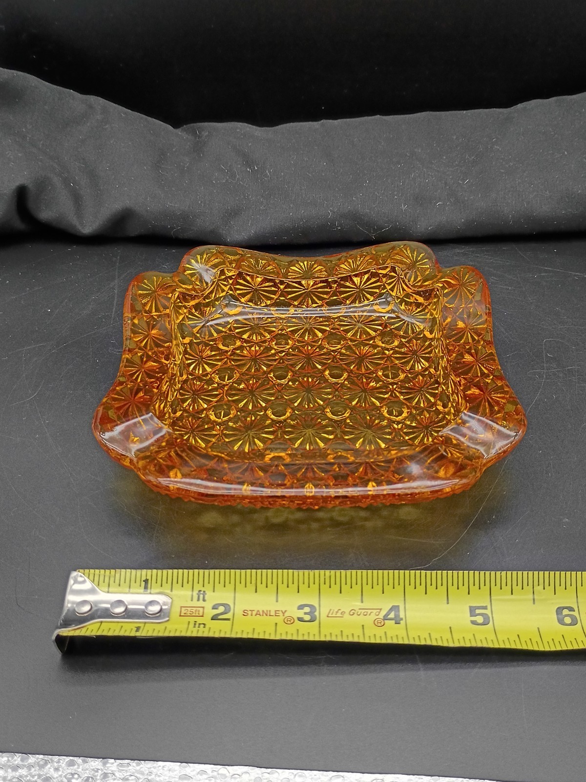 Vintage Amber Pressed Glass Ashtray- Daisy & Button Pattern- 5.5in Square