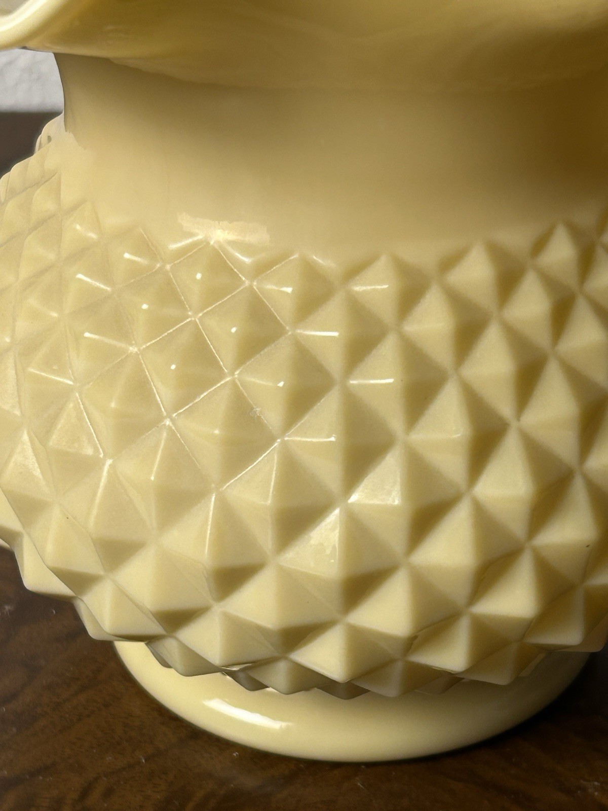Yellow Diamond Point Milk Glass Basket w/Fluted Top & White Twisted Handle VTG