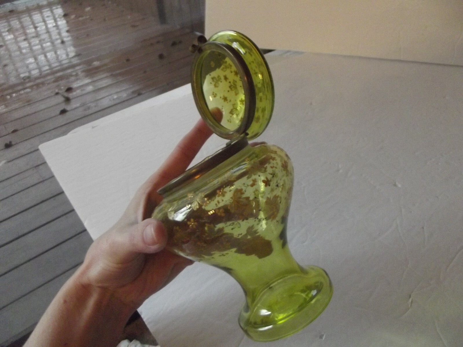 Hinged Jar Antique Green Glass enamel polychrome bohemian Moser Czech victorian