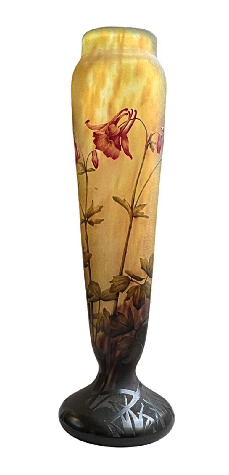 Large, Signed Daum Nancy French Cameo Glass vase – Enamelled Columbine Decor