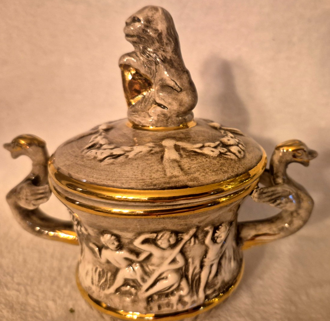 Vtg Capodimonte Monkey Sugar Bowl Dragon Double Handles Odd Creature