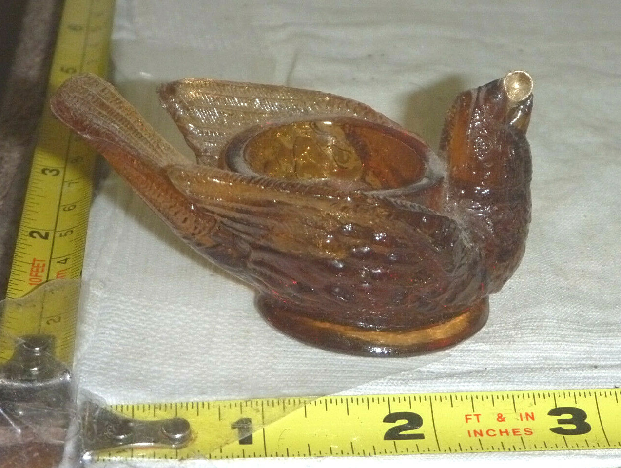 Vtg Degenhart Art Glass Amber BIRD Salt Cellar/Candle Holder/Sun Catcher ~1¾”H