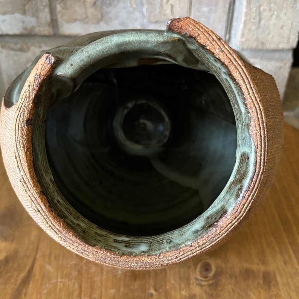 Vintage Handcrafted Green Blue Brown Swirl Pottery Vase Textured 10″