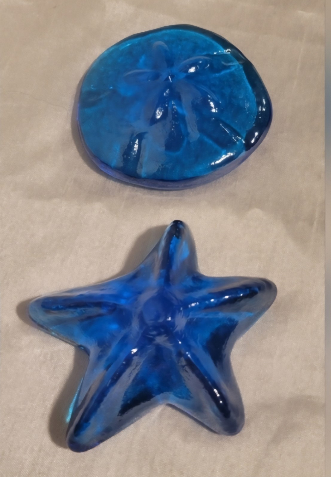 Opalescent Blue Glass Beach Paperweight Set: Starfish & Sand Dollar Decorative